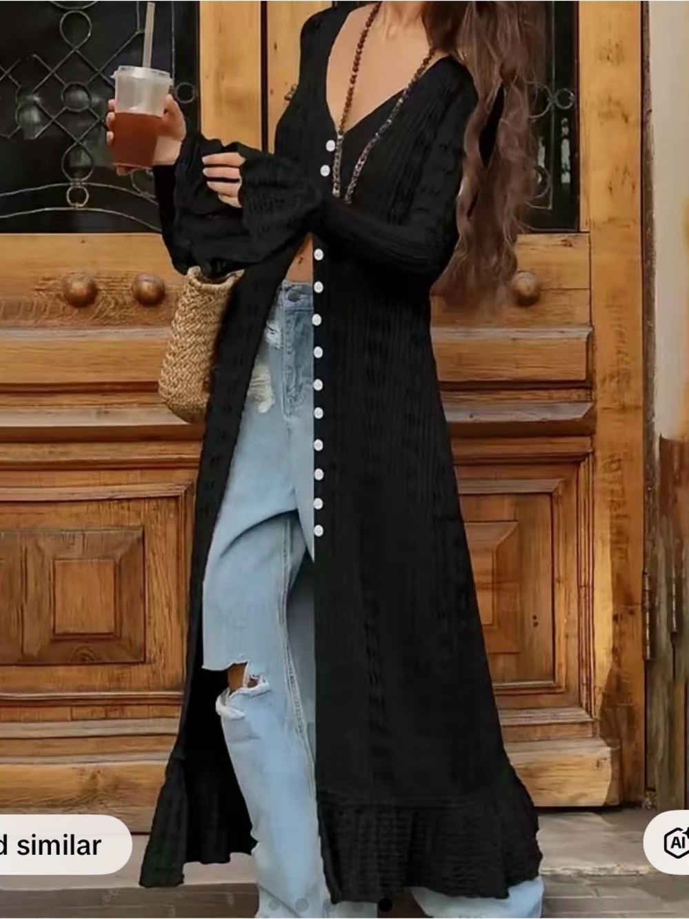 Long Black Button-Front Knit Cardigan